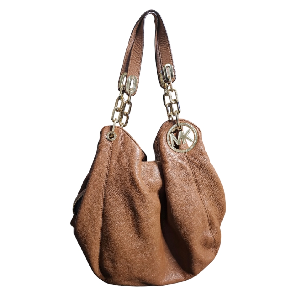 Michael Kors Fulton Shoulder Bag - camel colored pebbled leather
